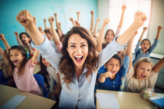 A joyful school classroom where a dedicated teacher interacts with her young students, fostering a positive and engaging learning environment.