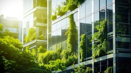 Eco-friendly building modern city sustainable glass building Ecology concept Office building with green environment