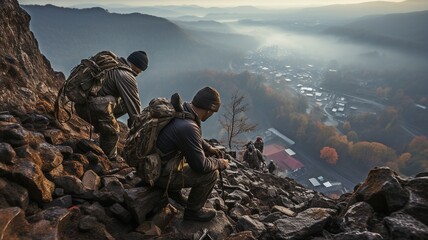 One of the troops is lending a hand as they ascend the mountain. . - obrazy, fototapety, plakaty