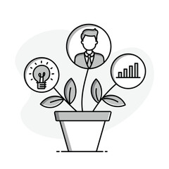 Business Growth Icon. A plant icon with three branches and three icons. Bar chart, person, and light bulb, to represent business growth, development, and success.