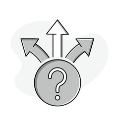 This icon depicts a question mark with three arrows emanating from it, representing curiosity, exploration, and investigation.