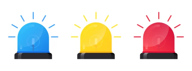 Fotobehang Round siren icon set. Blue, yellow and red cartoon sirens. Flashing emergency light symbol with scatter lined rays. Sign for alarm or emergency cases. Vector illustration © Gurt