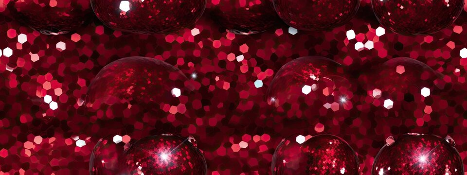 Seamless dark ruby red shiny disco ball, tinsel, glitter, glass refraction Christmas background texture. Festive sparkly kaleidoscope light effect winter xmas holiday banner backdrop pattern