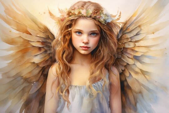 Angelic girl with large wings adorned with floral wreath. Ethereal beauty.