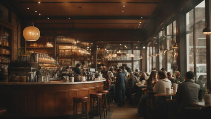 A bustling coffee shop filled with people enjoying their drinks. Cozy and social ambiance.