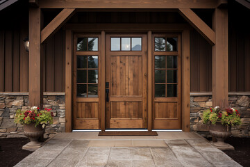 Exterior of front doorway vintage farm style house in countryside