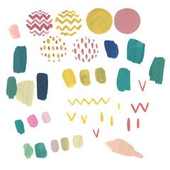 Zigzag, spots, circles. Gouache illustration. Isolated objects on a white background.