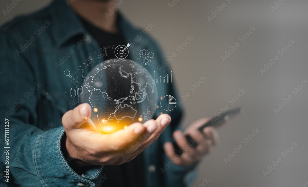 Poster businessman holding global network connection for customer data analytics and business strategy, big