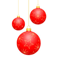 3 boules de Noël rouges avec déco et suspensions en or - obrazy, fototapety, plakaty