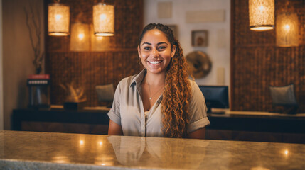 Fictitious happy hotel receptionist in the Dominican Republic AI generative - obrazy, fototapety, plakaty