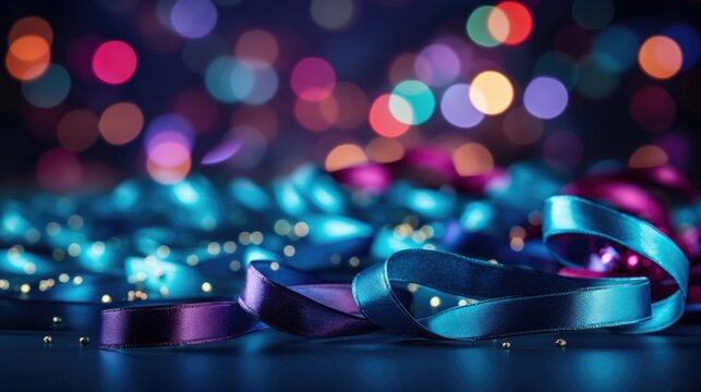 ribbins with bokeh light, twilight colors, decorate christmas backgorund.