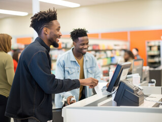 A happy supermarket cashier at work