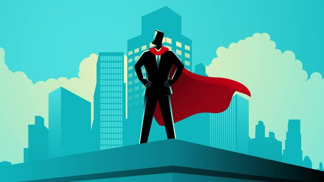 Businessman figure as a superhero standing on the top of a building, accomplishment, determination, conquer obstacles, motion graphics