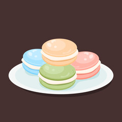 macaroons in a plate, delicious dessert france, sweet cakes, cafe bakery menu, national macaroon day, round shape, vector illustration