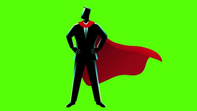 Businessman figure as a superhero standing against green screen, accomplishment, determination, conquer obstacles, motion graphics