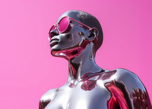 shiny human metal sculpture with sunglasses