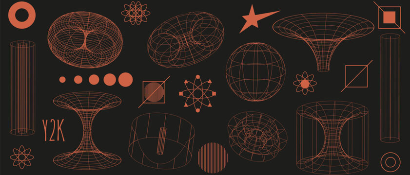 Set 3d red abstract Geometric y2k aesthetic elements and wireframe shapes. Red Geometry shapes retro 2000s design. Vector illustration for social networks, web pages, banners and posters.