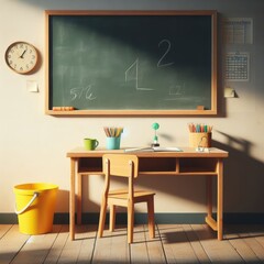 A classroom with a blackboard, a wooden desk with a green mug and a yellow bucket on it, and a wooden chair next to the desk.