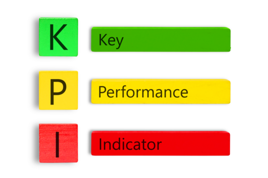 red green yellow wooden cube with text "KPI" isolated on white background. Business idea towards goal. PNG