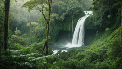 A lush, green tropical rainforest with a cascading waterfall. Exotic, natural beauty.