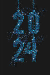 Abstract isolated blue image of new year number 2024. Polygonal low poly wireframe illustration looks like stars in the blask night sky in spase or flying glass shards. Digital web, internet design. © Katsiaryna