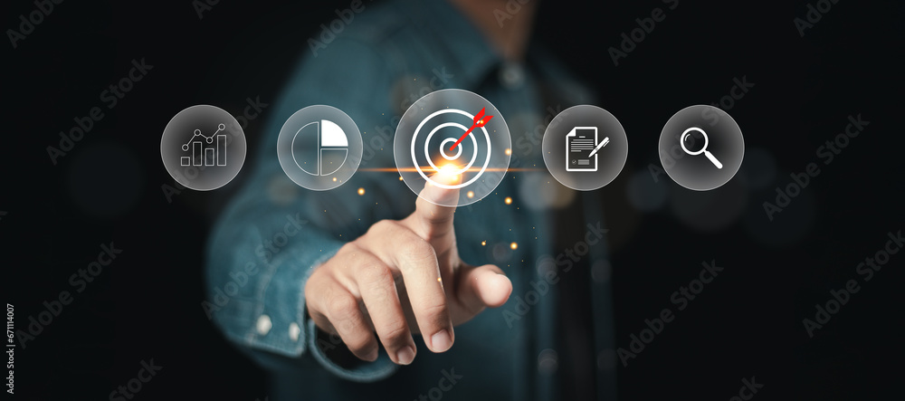 Poster target goal concept. businessman touching target icon and set up business objective target for marke