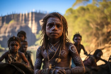 group of indigenous kids in the forest or village
