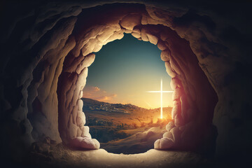 Empty Tomb At Sunset - Resurrection Concept.