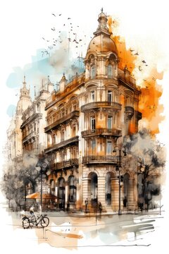 Barcelona architecture buildings colorful card watercolor  illustration