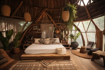 eco boho hotel room interior. Bedroom natural materials sustainable design. 