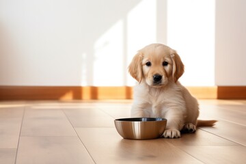 golden retriever puppy near bowl with dog food in minimal home. Pet store, vet clinic, snack poster ad.