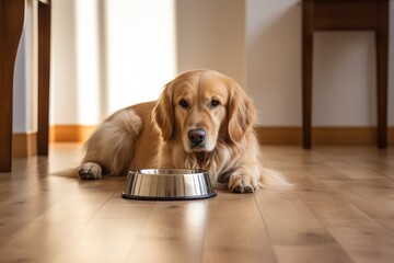 golden retriever dog lying near bowl with dog food in minimal home. Pet store, vet clinic, snack poster ad.