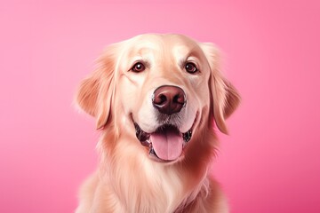 beautiful golden retriever dog on pink background closeup horizontal portrait