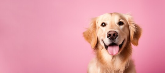beautiful golden retriever dog on pink background closeup horizontal portrait banner copy space left