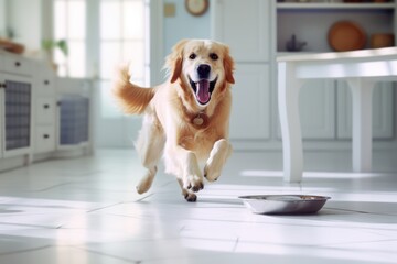 golden retriever dog running towards bowl with dog food in minimal kitchen at home. Pet store, vet...