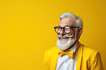 senior hipster guy in suit, bow tie and glasses on yellow background with copy space left. Optics salon, lottery, fashion clothes store, hairstyle salon. - obrazy, fototapety, plakaty