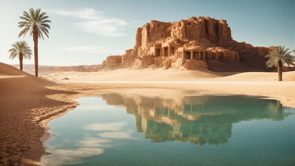 Fototapeta na wymiar A mesmerizing desert oasis under a scorching sun, where the water reflects a mirage of an ancient city. Mirage in the sands.