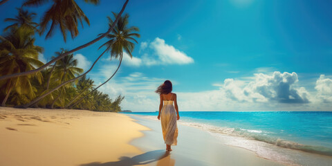 back-view of woman walking on the caribbean beach - obrazy, fototapety, plakaty