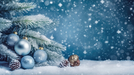 Fototapeta na wymiar Beautiful decorated Christmas tree in a snowed cold winter landscape.