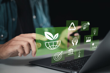 ESG concept, businessman use laptop and touching environment social governance global investment business for sustainable and ethical business on network connection.