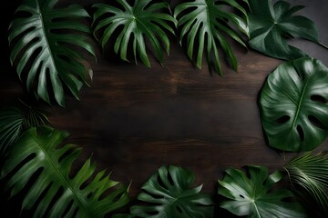 Tropical leaves and an empty circular wooden table on a dark background