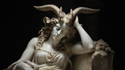 Ancient goddess. Statue of a woman with ram horns isolated on a dark background.