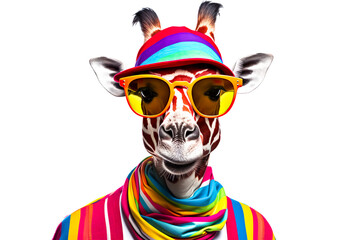 Fantasy giraffe wearing glasses with multicolored style.funny wildlife in surreal surrealism art.creativity. and inspiration background.