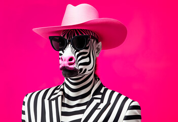 Fantasy zebra wearing glasses with multicolored style.funny wildlife in surreal surrealism...