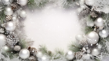 Fototapeta na wymiar Elegant frosted winter wreath adorned with shimmering silver ornaments, pinecones, and snowy fir leaves, creating a festive holiday ambiance.