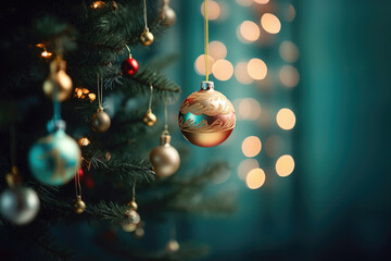 Close-up of decorated Christmas tree. Fir tree with colorful baubles and shiny holiday bokeh