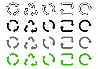 Recycling icons set, green and black arrows of different shapes recycle. A symbol of ecology, naturalness, purity. Vector set for your design. EPS 10