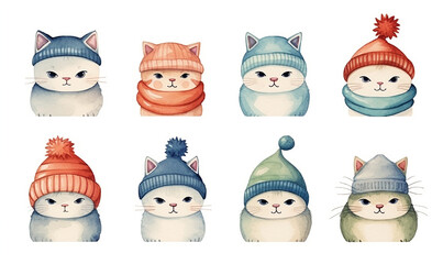 Set of cute Christmas cats in scarves and winter hats isolated. Collection of icon kittens in winter clothes. Cartoon aquarel animal faces for greeting card or stickers. Domestic trendy pet.