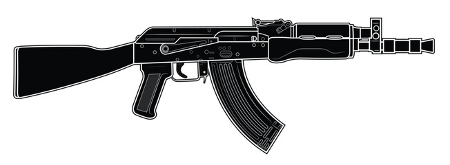Vector illustration of AK assault rifle with short barrel on the white background. Black, Right side.