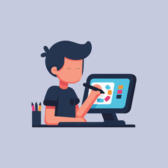 Graphic designer using stylus pen to draw on touch screen computer in workspace vector faceless illustration education concept